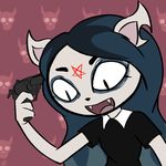  anthro black_hair cartoon_hangover cat claire_(the_summoning) clothing dress eyeshadow fangs feline female gun hair makeup mammal n3f4str10 notched_ear open_mouth pentagram ranged_weapon reaction_image solo suicide the_summoning weapon 