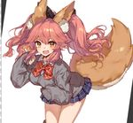  animal_ears cardigan chocoan fang fate/extella fate/extra fate_(series) fox_ears fox_tail leaning_forward long_sleeves open_mouth pink_hair school_uniform serafuku skirt tail tamamo_(fate)_(all) tamamo_jk_(fate) tamamo_no_mae_(fate) twintails very_long_sleeves 