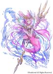  bismarcho blue_eyes breasts company_name hair_ornament holding_polearm horns long_hair looking_at_viewer mermaid monster_girl official_art pink_hair polearm scales small_breasts smile trident triple_monsters water weapon white_background 