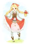  :d blonde_hair bonnet boots braid coat cordelia_(saga) dress head_scarf juliet_sleeves long_hair long_sleeves open_mouth puffy_sleeves red_eyes saga saga_frontier_2 skirt_basket sm156 smile solo striped striped_legwear thighhighs twin_braids twintails vertical_stripes 