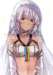  altera_(fate) bangs bare_shoulders blush bra breasts choker detached_sleeves eyebrows_visible_through_hair fate/grand_order fate_(series) head_tilt looking_at_viewer medium_breasts navel necktie parted_lips purple_hair red_eyes short_hair solo tanaji twitter_username underwear upper_body veil white_background white_bra white_choker 