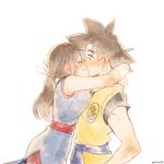  1girl arms_around_neck black_eyes black_hair chi-chi_(dragon_ball) chinese_clothes closed_eyes dougi dragon_ball eyebrows_visible_through_hair fukuko_fuku hug kiss looking_at_another ponytail simple_background son_gokuu spiked_hair twitter_username white_background wristband 