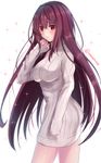  bangs blush breasts closed_mouth cowboy_shot eyebrows_visible_through_hair fate/grand_order fate_(series) from_side grey_sweater hair_intakes highres large_breasts long_hair long_sleeves looking_at_viewer naked_sweater purple_hair red_eyes ribbed_sweater sad scathach_(fate)_(all) scathach_(fate/grand_order) sleeves_past_wrists solo sparkle sweater sweater_vest tanaji twitter_username 