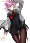 artist_name bad_id bad_pixiv_id black_skirt breasts brown_legwear fate/grand_order fate_(series) glasses grey_jacket hair_over_one_eye hand_up impossible_clothes jacket large_breasts mash_kyrielight pantyhose purple_eyes red_neckwear short_hair skirt solo standing wtnbmasato zipper 