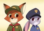  2017 anthro canine clothed clothing disney female fox fur group judy_hopps lagomorph male mammal nick_wilde okakurai orange_fur police_uniform rabbit uniform young zootopia 