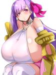  1girl bangs blush breasts bursting_breasts fate/extra fate/extra_ccc fate/grand_order fate_(series) gigantic_breasts highres long_hair open_mouth parted_bangs passion_lip pov purple_hair ribbon sideboob thighhighs 
