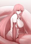  1girl breast_lift breasts elbow_gloves female lamia large_breasts long_hair monster_girl navel nude original red_eyes solo umeshiyu 