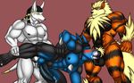  2013 5_fingers abs anal anal_penetration anthro arcanine balls biceps big_balls big_muscles big_penis black_fur blue_eyes blue_fur blush canine chest_tuft eyes_closed fellatio fur green_eyes group group_sex jackal lucario male male/male mammal manly multicolored_fur muscular muscular_male nintendo nipples oral oral_penetration orange_fur pecs penetration penis pok&eacute;mon pok&eacute;mon_(species) precum pubes quads renthedragon sex simple_background smile spitroast threesome tuft two_tone_fur video_games white_fur 