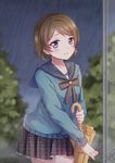  blush brown_hair brown_skirt closed_mouth closed_umbrella emia_wang eyebrows_visible_through_hair holding holding_umbrella koizumi_hanayo looking_at_viewer love_live! love_live!_school_idol_project plaid plaid_skirt purple_eyes rain short_hair skirt smile solo umbrella 