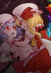  ascot bat_wings blonde_hair blue_hair blush dated fang fangs flandre_scarlet hat long_hair looking_at_another mizuki_(1054311109) multiple_girls red_eyes red_neckwear red_skirt remilia_scarlet short_hair siblings side_ponytail signature sisters skirt slit_pupils smile touhou wings wrist_cuffs yellow_neckwear 