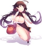  :o ahoge bangs basket black_dress breasts brown_eyes brown_hair china_dress chinese_clothes cleavage commentary_request dev dress full_body hand_up highres large_breasts long_hair low_twintails open_mouth original panties pelvic_curtain see-through shadow simple_background solo thick_thighs thighs tsurime twintails underwear white_background white_panties 