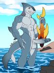  2017 abs anthro balls biceps biped blue_sky castbound cloud day detailed_background digital_media_(artwork) diphallism elbow_fin erection fin fish front_view gills glans grey_skin grey_tail head_fin hi_res holding_object looking_at_viewer male marine multi_penis multicolored_skin multicolored_tail muscular muscular_male nude outside partially_submerged pecs penis portrait red_eyes shark sharp_teeth signature sky solo standing tail_fin teeth thick_tail three-quarter_portrait two_tone_skin two_tone_tail vein veiny_penis water white_balls white_penis white_skin white_tail 