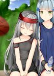  bangs basketball blue_hair blunt_bangs blush bottle character_name chixiao closed_eyes closed_mouth collarbone commentary day drooling eyebrows_visible_through_hair g11_(girls_frontline) girls_frontline green_eyes grey_hair grey_shirt hair_between_eyes headband highres hk416_(girls_frontline) holding holding_bottle long_hair motion_blur multiple_girls off-shoulder_shirt open_mouth shirt shorts sidelocks sitting tank_top water_bottle 