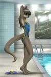  2014 anthro barefoot black_nose breasts brown_eyes clothing detailed_background digital_media_(artwork) eyelashes female mammal mustelid mykegreywolf nat_(mykegreywolf) otter solo standing swimsuit thin_waist water window 