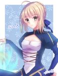  ahoge artoria_pendragon_(all) blonde_hair blue_dress blue_ribbon braid breasts character_name closed_mouth dress eyebrows_visible_through_hair fate/stay_night fate_(series) hair_ribbon hand_on_hip highres juliet_sleeves long_sleeves looking_at_viewer medium_breasts puffy_sleeves ribbon saber signature smile solo tanaji upper_body 