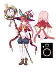  blush bow braid closed_mouth eyebrows_visible_through_hair full_body gloves hat highres holding holding_staff long_hair looking_at_viewer orange_bow original pink_hair pocket_watch red_eyes red_gloves red_hat shoonia smile solo staff thighhighs twin_braids watch white_legwear 