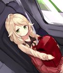  ahoge backpack backpack_removed bag bangs blonde_hair blush car_interior collarbone commentary_request day dutch_angle eyebrows_visible_through_hair green_eyes haik highres holding holding_backpack idolmaster idolmaster_cinderella_girls indoors long_hair long_sleeves looking_at_viewer parted_lips pink_skirt randoseru seat seatbelt shirt sitting sketch skirt solo yellow_shirt yusa_kozue 