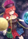  bare_shoulders breasts chain cleavage collar earth_(ornament) grin hecatia_lapislazuli highres medium_breasts moon_(ornament) plaid plaid_skirt pleated_skirt polos_crown red_eyes red_hair shirosama_(olheat) skirt smile solo touhou 