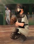  absurdres arms_at_sides bad_id bad_pixiv_id baseball baseball_cap baseball_mitt baseball_uniform black_hair brown_eyes catcher dugout faceless faceless_male hand_up hat highres knee_pads lens_flare looking_to_the_side male_focus multiple_boys noasa ookiku_furikabutte sitting solo_focus sportswear standing striped striped_legwear sweat 