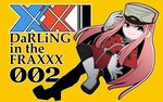  black_footwear boots bright_pupils character_name copyright_name darling_in_the_franxx gloves green_eyes hat highres long_hair military_hat outline pantyhose pink_hair simple_background smile solo walking_red white_gloves white_outline yellow_background zero_two_(darling_in_the_franxx) 