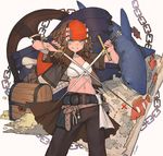  belt blue_eyes blush breasts brown_hair clownfish dual_wielding fish holding holding_sword holding_weapon lanzi_(415460661) large_breasts looking_at_viewer map navel original parted_lips pirate shark short_hair sketch smile solo sword teeth treasure_chest weapon 