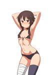  armpits arms_behind_head arms_up ass_visible_through_thighs bandaged_leg bandages bangs bikini black_bikini black_hair black_legwear blush breasts breasts_apart buckle closed_mouth collar collarbone contrapposto front-tie_bikini front-tie_top highres kono_subarashii_sekai_ni_shukufuku_wo! looking_at_viewer megumin mismatched_legwear navel nose_blush plaid red_eyes roast_salt short_hair_with_long_locks sidelocks simple_background single_thighhigh small_breasts smile solo standing stomach sweat swimsuit thighhighs underboob white_background 