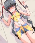  1girl bare_shoulders beige_background black_hair blue_eyes blush bondage breasts collarbone crop_top drooling half-closed_eyes hands_up have_to_pee headgear highres kamitsure_(pokemon) long_hair midriff muroi_(fujisan0410) navel open_mouth peeing peeing_self pokemon pokemon_(game) pokemon_bw2 saliva shirt simple_background sleeveless sleeveless_shirt small_breasts solo standing steam tears text translation_request trembling twintails wet_clothes yellow_shirt 