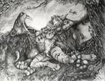  2017 4_toes 5_fingers ambiguous_gender anthro breasts detailed_background detailed_sketch digitigrade duo feline female feral fur grass hair long_hair mammal open_mouth saber-toothed_cat striped_fur stripes teiirka tiger toes traditional_media_(artwork) tree whiskers 