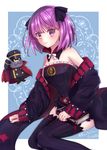  bare_shoulders belt black_legwear blush book bow closed_mouth colonel_olcott_(fate/grand_order) detached_sleeves eyebrows_visible_through_hair fate/grand_order fate_(series) flat_chest hair_bow helena_blavatsky_(fate/grand_order) highres holding holding_book long_sleeves looking_at_viewer purple_eyes purple_hair short_hair smile solo_focus strapless tanaji thighhighs tree_of_life twitter_username 