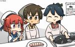  3girls apron artist_logo black_hair blonde_hair blue_apron blue_sailor_collar bob_cut braid brown_eyes brown_hair commentary_request cowboy_shot dated etorofu_(kantai_collection) eyes_closed gradient_hair hamu_koutarou hat high_ponytail highres hiryuu_(kantai_collection) houshou_(kantai_collection) i-class_destroyer japanese_clothes kantai_collection kappougi kimono knife long_hair long_sleeves multicolored_hair multiple_girls one_side_up pink_kimono plate ponytail purple_eyes red_hair sailor_collar sailor_hat school_uniform serafuku shinkaisei-kan short_hair side_braid sign smile sweat sweating_profusely thick_eyebrows translation_request twin_braids white_hat 