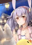  against_glass ame. animal_ears azur_lane bangs blush brown_eyes building bunny_ears chestnut_mouth commentary_request eyebrows_visible_through_hair hair_between_eyes hairband headgear house jacket laffey_(azur_lane) lamppost long_hair long_sleeves looking_away looking_out_window night night_sky open_clothes open_jacket outdoors parted_lips pink_jacket purple_hair red_hairband shirt sidelocks sky solo star_(sky) starry_sky stuffed_animal stuffed_bird stuffed_bunny stuffed_toy twintails white_shirt window 