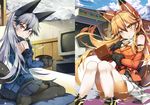  absurdres alternate_legwear animal_ears arcade_cabinet bangs black_gloves blue_jacket blush bowl breasts brown_hair cloud commentary_request cushion day extra_ears ezo_red_fox_(kemono_friends) floating_hair fox_ears fox_tail from_side fur_trim gloves grey_hair hair_between_eyes hair_flaps handheld_game_console highlights highres holding holding_bowl indoors jacket japari_symbol jie_laite kemono_friends knees_together_feet_apart large_breasts long_hair looking_at_viewer looking_back mecha_musume mechanical_ears miniskirt mountain multicolored_hair multiple_girls outdoors pantyhose parted_lips pleated_skirt red_eyes silver_fox_(kemono_friends) silver_hair sitting skirt sky tail television thighhighs tsurime veranda wariza white_legwear white_skirt yellow_eyes zabuton 