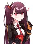  bangs black_gloves blush closed_mouth commentary eating food_in_mouth girls_frontline gloves hand_up heart long_hair looking_at_viewer necktie one_side_up purple_hair red_eyes red_neckwear simple_background solo tosyeo uniform upper_body wa2000_(girls_frontline) white_background 