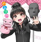  black_hair blush brown_eyes eyebrows_visible_through_hair hair_bun hair_ornament kobayashi_aika long_hair long_sleeves looking_at_viewer microphone open_mouth puppet real_life seiyuu smile solo upper_body x_hair_ornament yopparai_oni 