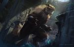  cat_ears cave chains epic fangs fur giant_monster godzilla_(series) gun hut kaijuu king_caesar larry_quach lion military monster red_eyes roaring rope sunlight temple toho_(film_company) tree 