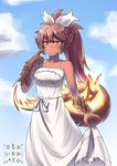  absurdres animal_ears bangs bare_arms bare_shoulders blue_sky blush bow brown_hair claws cloud cowboy_shot cowfee dark_skin day dress eyebrows_visible_through_hair fiery_tail fire hair_bow head_fins highres long_hair looking_at_viewer monster_girl monster_girl_encyclopedia outdoors salamander_(monster_girl_encyclopedia) scales signature skirt_hold sky slit_pupils smile solo standing sundress tail white_bow white_dress yellow_eyes 