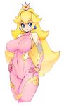  bad_id bad_twitter_id bare_shoulders blonde_hair blush bodysuit breasts commentary cosplay covered_navel crown earrings elbow_gloves fishnets gloves hand_on_hip highres jewelry large_breasts legs_together lips long_hair looking_to_the_side mario_(series) parted_lips pink_bodysuit princess_peach shiny shiny_clothes shiny_hair shiny_skin simple_background skin_tight slugbox solo standing super_mario_bros. taimanin_(series) taimanin_asagi taimanin_suit teeth white_background 