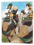  black_hair blonde_hair dark_skin dark_skinned_male gen_1_pokemon gladio_(pokemon) green_eyes green_hair hair_over_one_eye hau_(pokemon) helmet highres hood hoodie multiple_boys multiple_riders open_mouth pants pokemon pokemon_(creature) pokemon_(game) pokemon_sm riding short_hair smile sweatdrop tauros torn_clothes you_(pokemon) yukin_(es) 