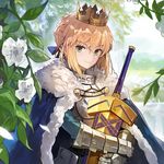  ahoge andrian_gilang armor artoria_pendragon_(all) avalon_(fate/stay_night) blonde_hair blue_cape breastplate cape closed_mouth crown day excalibur eyebrows_visible_through_hair fate/grand_order fate_(series) flower fur-trimmed_cape fur_trim gauntlets green_eyes hair_bun hair_ribbon holding leaf looking_at_viewer outdoors petals ribbon saber scabbard sheath shiny shiny_hair short_hair smile solo upper_body 