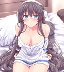  azur_lane bad_arm bare_shoulders bed bed_sheet black_hair blue_eyes blush breasts closed_mouth collarbone commentary_request eyebrows_visible_through_hair hair_between_eyes hasu_(hk_works) headphones long_hair long_island_(azur_lane) long_sleeves looking_at_viewer medium_breasts on_bed pillow sitting smile solo very_long_hair 
