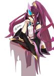  1girl bare_shoulders blazblue blazblue:_central_fiction detached_sleeves doll_joints hades_izanami hyakuhachi_(over3) mikado_(blazblue) ponytail purple_hair red_eyes skirt solo thighhighs 