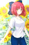  bangs blue_pants blue_ribbon blurry blurry_background closed_mouth commentary_request cowboy_shot day depth_of_field eyebrows_visible_through_hair flower hair_ribbon highres kohaku looking_at_viewer outdoors pants red_hair ribbon shirt smile solo sunflower tanaji tsukihime twitter_username white_shirt yellow_eyes 