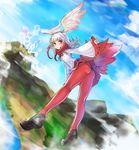  ass bangs blunt_bangs blush cloud day flying fur_trim gradient_hair head_wings japanese_crested_ibis_(kemono_friends) kemono_friends kneepits loafers long_hair looking_at_viewer mhg_(hellma) mountain multicolored_hair outdoors pantyhose pleated_skirt red_hair red_legwear shoes skirt sleeves_past_wrists solo two-tone_hair white_hair yellow_eyes 