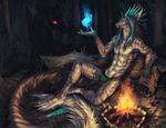  2017 5_fingers abs ambiguous_gender anthro barefoot brown_hair canine detailed_background digital_media_(artwork) dragon duo feral fire fur furred_dragon glowing glowing_eyes hair male mammal navel night outside tatchit 