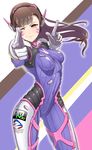  ;) animal_print bangs blue_bodysuit bodysuit bracer breasts brown_eyes brown_hair bunny_print closed_mouth d.va_(overwatch) facepaint facial_mark finger_gun gloves headphones high_collar highres long_hair looking_at_viewer one_eye_closed overwatch pauldrons pilot_suit pointing pointing_at_viewer ribbed_bodysuit shoulder_pads skin_tight small_breasts smile solo soratobu_mame. squinting swept_bangs whisker_markings white_gloves 