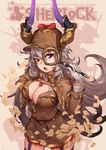  :o absurdres atorosu belt bow breasts brown_background brown_hat brown_shirt brown_skirt deerstalker detective draph english eyebrows_visible_through_hair fang garter_straps gloves granblue_fantasy grey_hair half-closed_eye hand_on_hip hat highres holding horns large_breasts long_hair long_sleeves looking_at_viewer magnifying_glass meitantei_conan open_mouth parody red_bow red_eyes seiyuu_connection shirt skirt solo takayama_minami thalatha_(granblue_fantasy) thighhighs very_long_hair white_gloves 