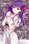 copyright_name cowboy_shot dress eyebrows_visible_through_hair fate/stay_night fate_(series) grey_dress hair_ribbon hands_clasped heaven's_feel highres interlocked_fingers looking_at_viewer matou_sakura own_hands_together parted_lips pink_ribbon puffy_short_sleeves puffy_sleeves purple_eyes purple_hair ribbon short_sleeves smile solo standing tanaji 