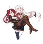  asymmetrical_legwear bangs biting biting_clothes black_gloves black_skirt blush brown_hair brown_shirt buttons carrying eyebrows_visible_through_hair girls_frontline gloves hair_ribbon highres long_hair long_sleeves low-tied_long_hair low_twintails multiple_girls necktie one_eye_closed one_side_up pantyhose pleated_skirt princess_carry red_eyes ribbon shan shirt signature silver_eyes silver_hair skirt svd_(girls_frontline) thighhighs twintails uniform very_long_hair wa2000_(girls_frontline) white_background yuri 