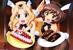  :d absurdres akiyama_yukari animal_ears black_legwear black_leotard black_neckwear blonde_hair blue_eyes blueberry bow bowtie breasts brown_eyes brown_hair bunny_ears bunny_tail bunnysuit cake cherry chocolate cleavage cowboy_shot detached_collar eyebrows_visible_through_hair fishnet_pantyhose fishnets food food_art food_tank fruit girls_und_panzer ground_vehicle hair_intakes highres holding indoors itou_takeshi kay_(girls_und_panzer) leaning_forward leman_russ_(tank) leotard mc_axis medium_breasts messy_hair military military_vehicle motor_vehicle multiple_girls official_art open_mouth pantyhose plate salute side-tie_leotard smile standing strawberry tail tank warhammer_40k 