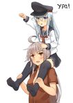  :d age_difference ahoge alternate_headwear arm_up black_hat black_legwear black_skirt blue_eyes blue_hair blush breasts brown_eyes carrying child cleavage eyebrows_visible_through_hair facial_scar fang fingerless_gloves gangut_(kantai_collection) gloves hair_between_eyes hat hibiki_(kantai_collection) highres jpeg_artifacts kantai_collection long_hair long_sleeves md5_mismatch medium_breasts multiple_girls neckerchief no_shoes open_mouth pleated_skirt raised_fist red_neckwear red_shirt russian scar school_uniform serafuku shirt shoulder_carry silver_hair simple_background skirt smile soushou_nin thighhighs translated upper_body white_background white_shirt zettai_ryouiki 